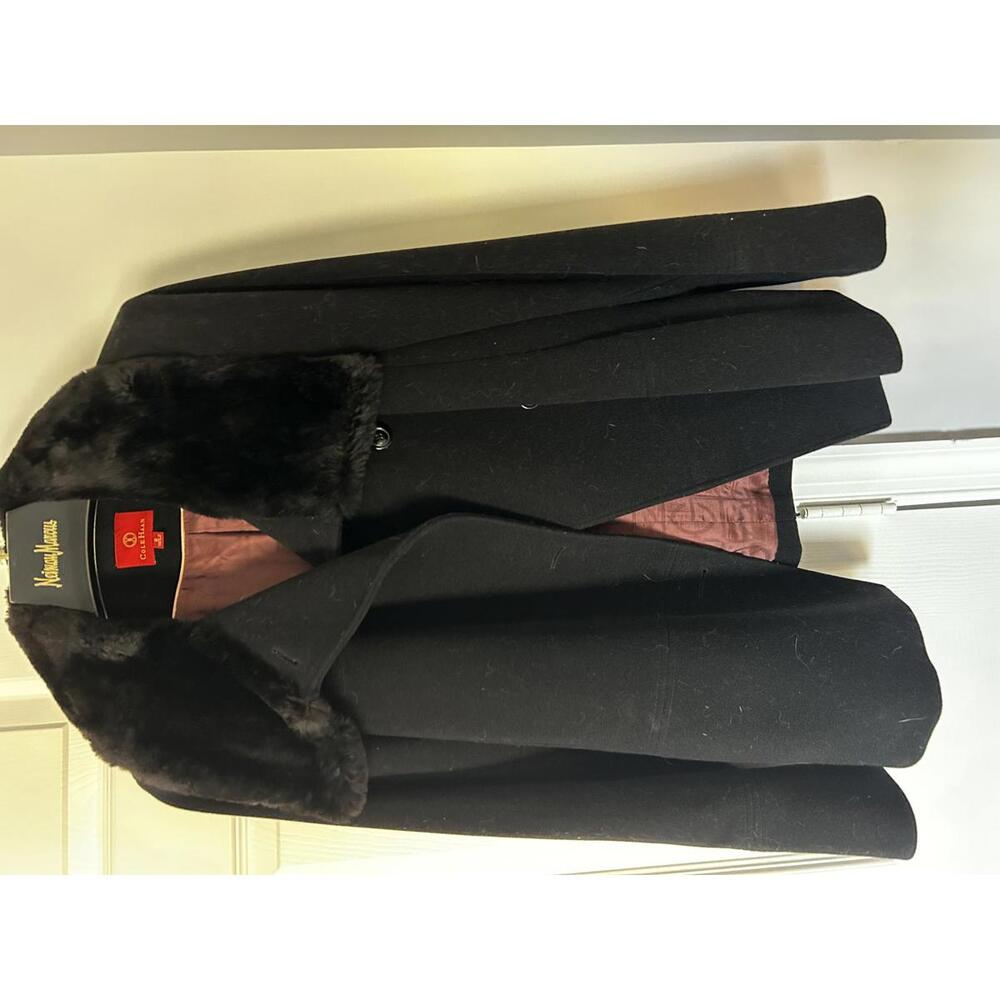 Cole Haan Black Wool Coat with Faux Fur Collar Size 8
